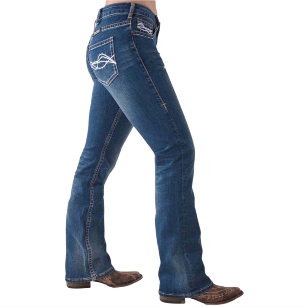 COWGIRL TUFF "Dark Don't Fence Me In" bootcut rodeo/riding jeans sz 36x33L euc